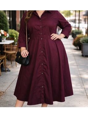 Pari Passu Classic Button-Front Shirt Midi Dress in Deep Plum